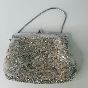 Vintage 1970s Handmade Beaded Clutch Bag Purse Silver Serpent Strap Bradlees